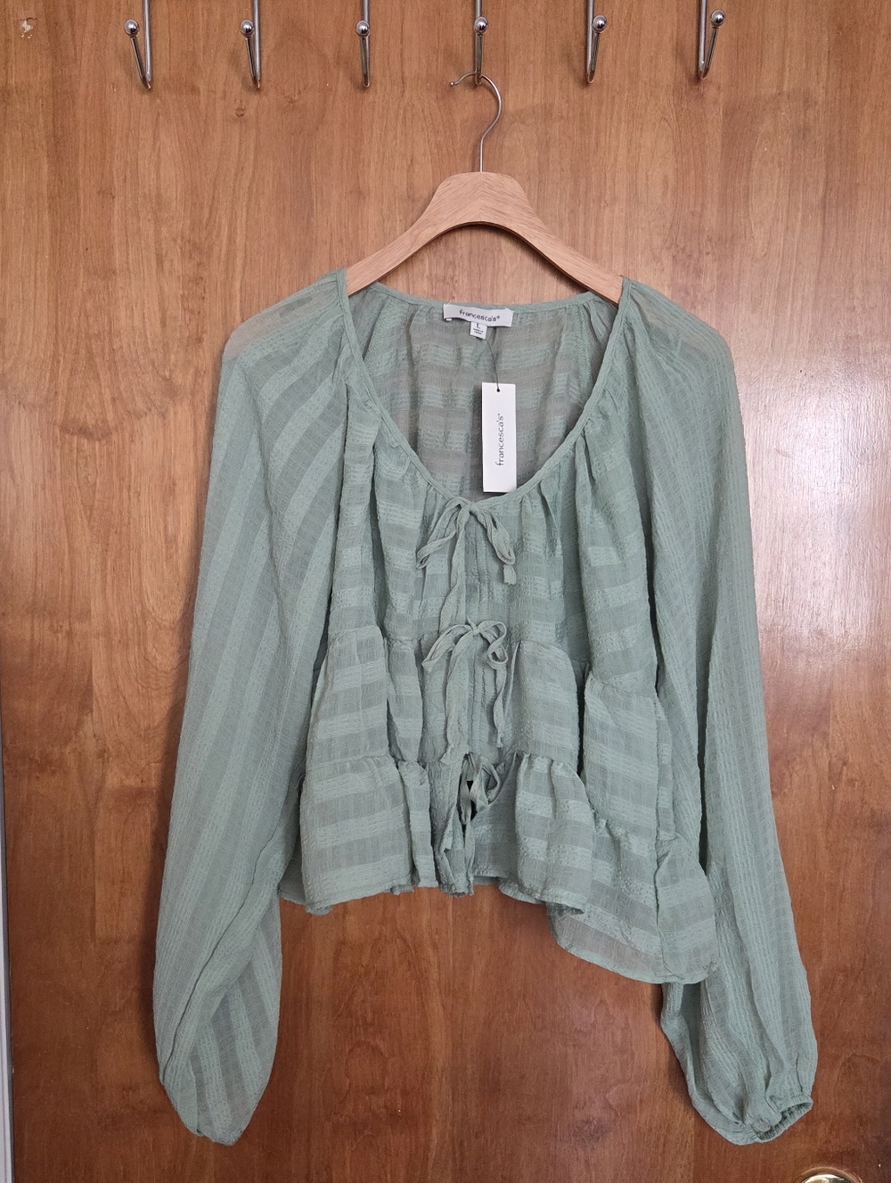 Francesca's Collections Sage Green Tie-Front Peasant Blouse